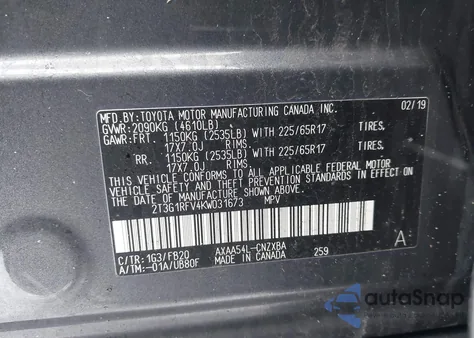 2019 Toyota Rav4 Le из США, поврежденный, VIN 2T3G1RFV4KW031673